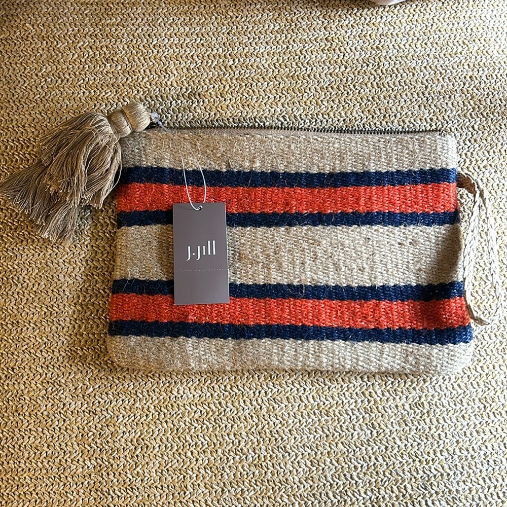 NWT J. Jill Jute Clutch Wristlet tan blue orange Tassels zip close 10”L x 7”H